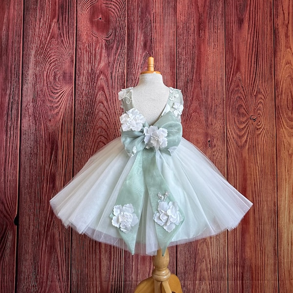 Sage 4 Layer Tulle Knee Length V-Back Summer Flower Girl Wedding Spring Ivory Floral Embroidery Fall Birthday Pageant Infant Toddler Dress