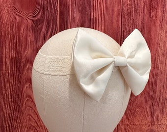 Ivory 3D Satin Big Bow Newborn Baby Girl Headband Toddler Flower Girl Wedding Baptism Christening Wedding Vintage Girl Headband Accessory