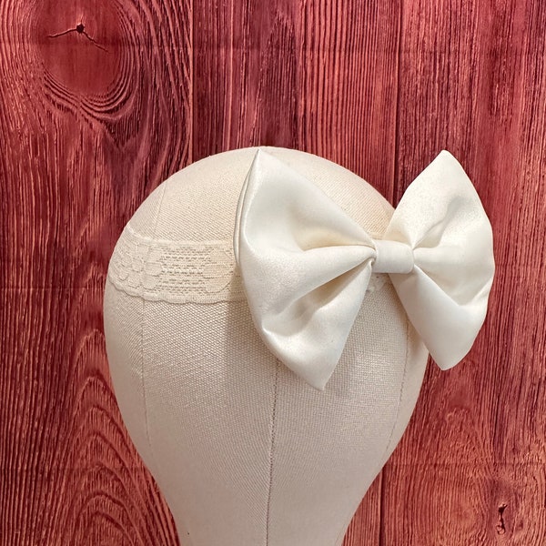 Ivory 3D Satin Big Bow Newborn Baby Girl Headband Toddler Flower Girl Wedding Baptism Christening Wedding Vintage Girl Headband Accessory