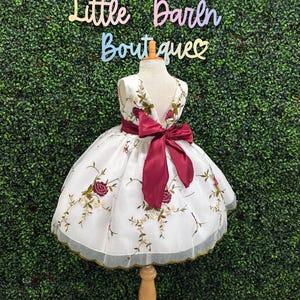 Ivory-Burgundy Elegant Easter Summer Spring Photoshoot Birthday Church Wedding Flower Girl Baptism Infant Toddler Junior Girl Birthday Dress