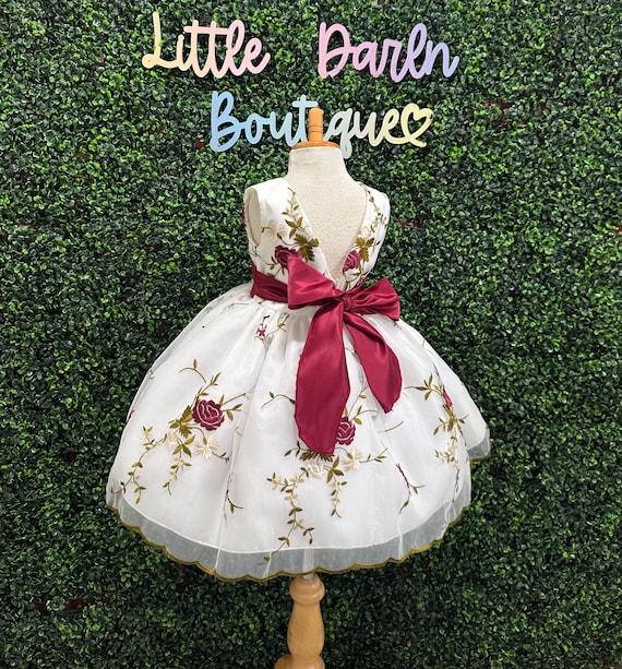 Ivory-Burgundy Elegant Easter Summer Spring Photoshoot Birthday Church Wedding Flower Girl Baptism Infant Toddler Junior Girl Birthday Dress Ivory-Burgundy Elegant Easter Summer Spring Photoshoot Birthday Church Wedding Flower Girl Baptism Infant Toddler Junior Girl Birthday Dress