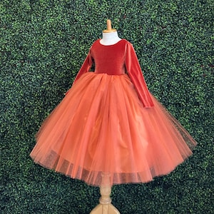 Flower Girl Burnt Orange Velvet Long Sleeve Ankle Length 4 Layer Tulle Winter Wedding Church Pageant Trendy Fall Thanksgiving Dinner Dress