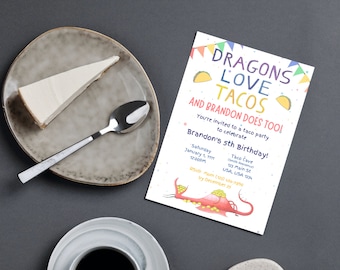 Dragons Love Tacos Birthday Party Invitation, Fiesta Invite (Digital File)