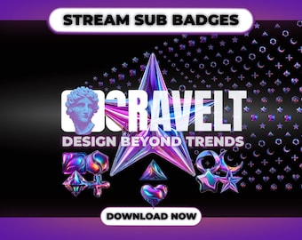 May include: A digital graphic promoting "Stream Sub Badges" with the word "ORAVELT" in large white letters. The design features a star, geometric shapes, and a bust of a statue, all in vibrant colors against a black background. Text reads "DESIGN BEYOND TRENDS" and "DOWNLOAD NOW".