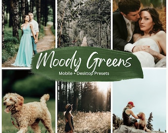 Moody Greens Outdoor Travel Nature Lightroom Presets para escritorio y móvil, archivos DNG, ajustes preestablecidos de Lightroom, filtros de Blogger, ajustes preestablecidos de Instagram.
