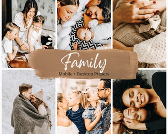 May include: A collage of photos featuring families in various settings. The photos show a family of four, a couple with a baby, and a couple with two children. The photos are all in warm tones and have a vintage feel. The text "Family Mobile + Desktop Presets" is superimposed on the collage.