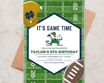 Football Birthday Invitation, University of Notre Dame, UND, Fighting Irish, Sports Themed