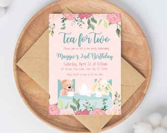 May include: Pink and green tea party invitation with a floral design. The invitation says "Tea for Two" and "Maggie's 2nd Birthday".