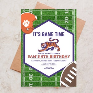 Football Birthday Invitation, Clemson University, Clemson Tigers, Sports Themed