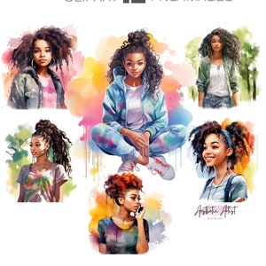 Clipart ragazza adolescente nera, png afroamericana, clipart capelli ricci, clipart adolescente anni '90, clipart png acquerello