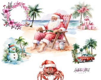 Tropical Christmas Clipart, Xmas png, Beachy Christmas clip art, Coastal Christmas clipart, Hawaii Christmas png clipart