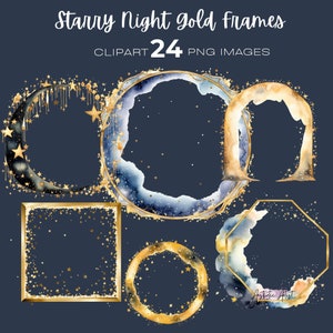Clipart de cadres dorés nuit étoilée, png céleste, clipart magique, clipart mystique, clipart png fantastique, Junk Journal, Ephemera