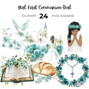 May include: A digital clipart set titled "girl first Communion-Teal" with 24 PNG images. The images include a dove, church, girl in a white dress, flowers, bread, an open book, and a rosary. The color palette is teal and white.
