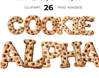Puede incluir: Imagen de acuarela de las palabras "COOKIE ALPHAS" escritas con letras de galletas con chispas de chocolate. La imagen incluye el texto "Chocolate Chip Cookie Alphas", "CLPART 26 PNG IMAGES" y la firma del artista.