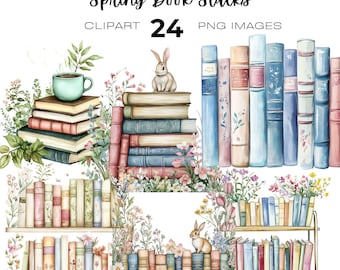 Puede incluir: Un conjunto de 24 imágenes de clipart digital con temática primaveral. Las imágenes presentan pilas de libros con acentos florales, conejos y una taza de café. El texto "Spring Book Stacks" y "24 PNG Images" está incluido en la imagen.