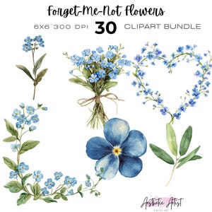 Puede incluir: Paquete de imágenes prediseñadas de acuarela con flores de nomeolvides. La imagen incluye una variedad de arreglos, como un ramo atado con hilo, un diseño floral en forma de corazón y elementos individuales de flores y hojas. El texto dice "Forget-Me-Not flowers" y "30 Clipart Bundle."