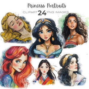 Puede incluir: Una ilustración digital de seis princesas Disney en estilo acuarela. Las princesas son Jasmine, Ariel, Mulan, Pocahontas, Blancanieves y Rapunzel. Cada princesa está representada con su cabello y ropa característicos. La ilustración está sobre un fondo blanco.