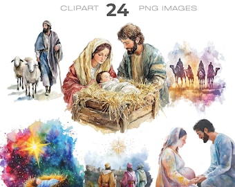 Paquete de imágenes prediseñadas religiosas de la Natividad en acuarela, cristianas, imágenes prediseñadas de la Natividad, imágenes prediseñadas de Navidad, nacimiento de Jesús.