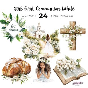 Aquarell Mädchen erste Kommunion Clipart, religiös, weiße Blumen Png Sofortiger Download, erste Kommunion, betendes Mädchen, Kreuz