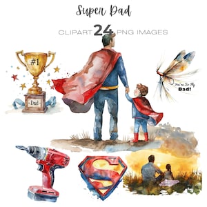 Vaderdag clipart, Super Dad png, beste papa-illustraties, BBQ-vissen clipart, aquarel Vaderdagkaart, papa