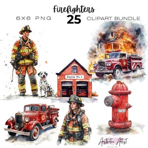 May include: A watercolour clipart bundle depicting firefighters, fire engines, a fire station, and a Dalmatian dog. The image includes the text "Firefighters 25 Clipart Bundle" and "Aesthetic Artist Digital Art". The colour palette includes red, orange, and yellow.