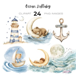 Aquarel oceaan slaapliedje clipart, matroos teddybeer, nautische baby, eerste verjaardag, baby shower clipart, kinderkamer clipart