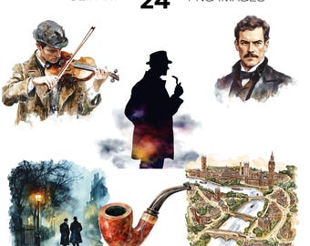 Watercolour Sherlock Holmes Detective Clipart, Mystery Graphics, Victorian England Png Instant Download, Private Eye, Clues, Sherlock Holmes