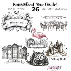 Könnte beinhalten: Ein digitales Clipart-Bundle mit Wonderland-Thema. Enthält Illustrationen eines Flamingos, der Grinsekatze, eines Schlosses, Türen und einer Teeparty. Der Text enthält "Wonderland Map Creator", "Unbirthday Party" und "Castle of Hearts".