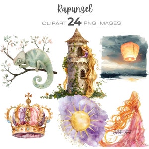 Puede incluir: Conjunto de imágenes prediseñadas de acuarela con ilustraciones temáticas de Rapunzel. Incluye una torre, un camaleón en una rama, una linterna flotante, una corona, un sol y una figura con cabello largo. También está presente el texto "Rapunzel" y "24 PNG Images".