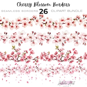 Pode incluir: Pacote de cliparts digitais com bordas de flores de cerejeira sem costura. A imagem apresenta vários arranjos horizontais de flores de cerejeira rosa em galhos, com pétalas espalhadas. O texto inclui "Cherry Blossom Borders" e "26 Clipart Bundle".