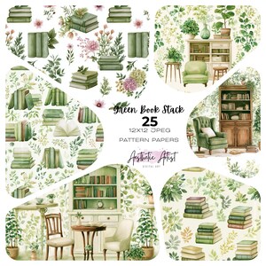 May include: A digital collection of 25 pattern papers titled Green Book Stack 12x12 JPEG. The images feature watercolor illustrations of stacks of green books, indoor plants, wooden bookshelves, armchairs, and tables in a soft green palette.