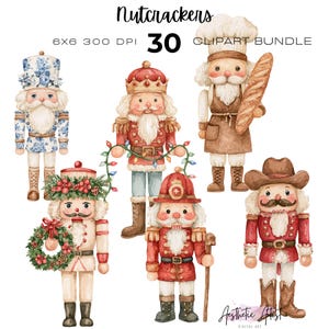 Könnte beinhalten: Ein digitales Clipart-Paket mit 30 Nussknackern, darunter ein Nussknacker mit Blumenmuster, ein König, ein Bäcker mit Baguette, ein Nussknacker mit Kranz, ein Feuerwehrmann und ein Cowboy, mit dem Text Nutcrackers 30 Clipart Bundle.