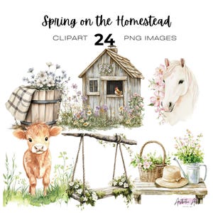 May include: A digital clipart set of 24 PNG images featuring a spring scene on a homestead. The set includes a white horse, a brown and white cow, a wooden shed, a swing set, a basket of flowers, a watering can, and a wooden table with a straw hat. The images are painted in a watercolor style with a light and airy feel.