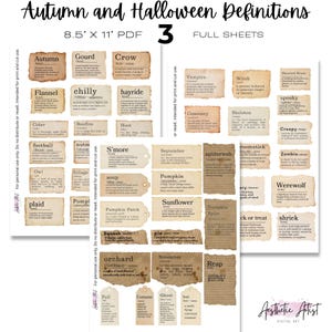 Pode incluir: Três folhas digitais intituladas Autumn and Halloween Definitions, medindo 21,59 cm por 27,94 cm. As folhas contêm vários recortes de papel retangulares e em forma de etiqueta com bordas queimadas, cada um com uma definição de dicionário.