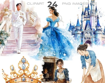 Può includere: Un'illustrazione digitale di una storia di Cenerentola asiatica. L'immagine presenta un principe in abito bianco, una Cenerentola in abito da ballo blu, un castello, una corona e una cameriera che pulisce.