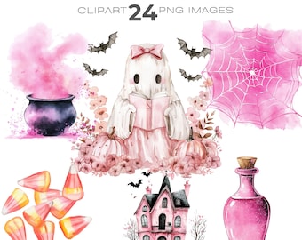 Clipart de Halloween rosa, png assustador, clip art de Halloween pastel, clipart fofo de Halloween, clipart png fantasma rosa, clipart gato preto png