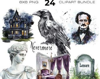 Aquarel The Raven-clipart, Edgar Allen Poe, gotisch gedicht, beroemde auteur, Nevermore png