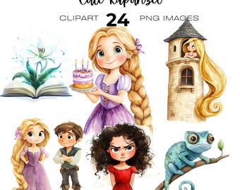 May include: Watercolor illustrations featuring characters from the story of Rapunzel. The image includes a princess with long blonde hair, a tower, a chameleon, and the text "Cute Rapunzel Clipart 24 PNG Images."