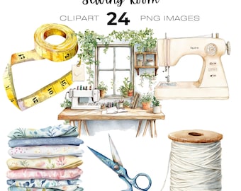 Watercolour Sewing Room Clipart, Graphics for Sewers, Sewing Machine Png Instant Download, Crafter, Fabric, Vintage Sewing, Fabric Store