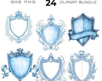 Blue Crests, Heraldry Shield, Decorative Clipart, Baby Boy, Junk Journal Aesthetic Bundle