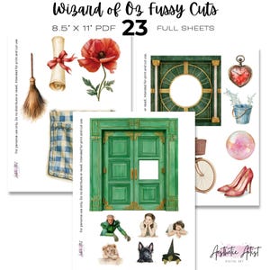 May include: A digital collection of Wizard of Oz fussy cuts featuring 23 full sheets measuring 8.5 by 11 inches. The sheets include illustrations of a broom, scroll, red poppy, green doors, heart watch, bucket, crystal ball, and red shoes.