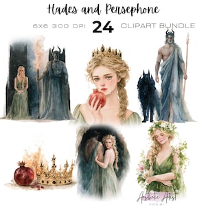 Puede incluir: Un paquete de imágenes prediseñadas digitales titulado Hades and Persephone con 24 ilustraciones en acuarela. Las imágenes muestran figuras con túnicas fluidas, un perro de tres cabezas, una corona dorada y una granada, con el texto 6x6 300 DPI.