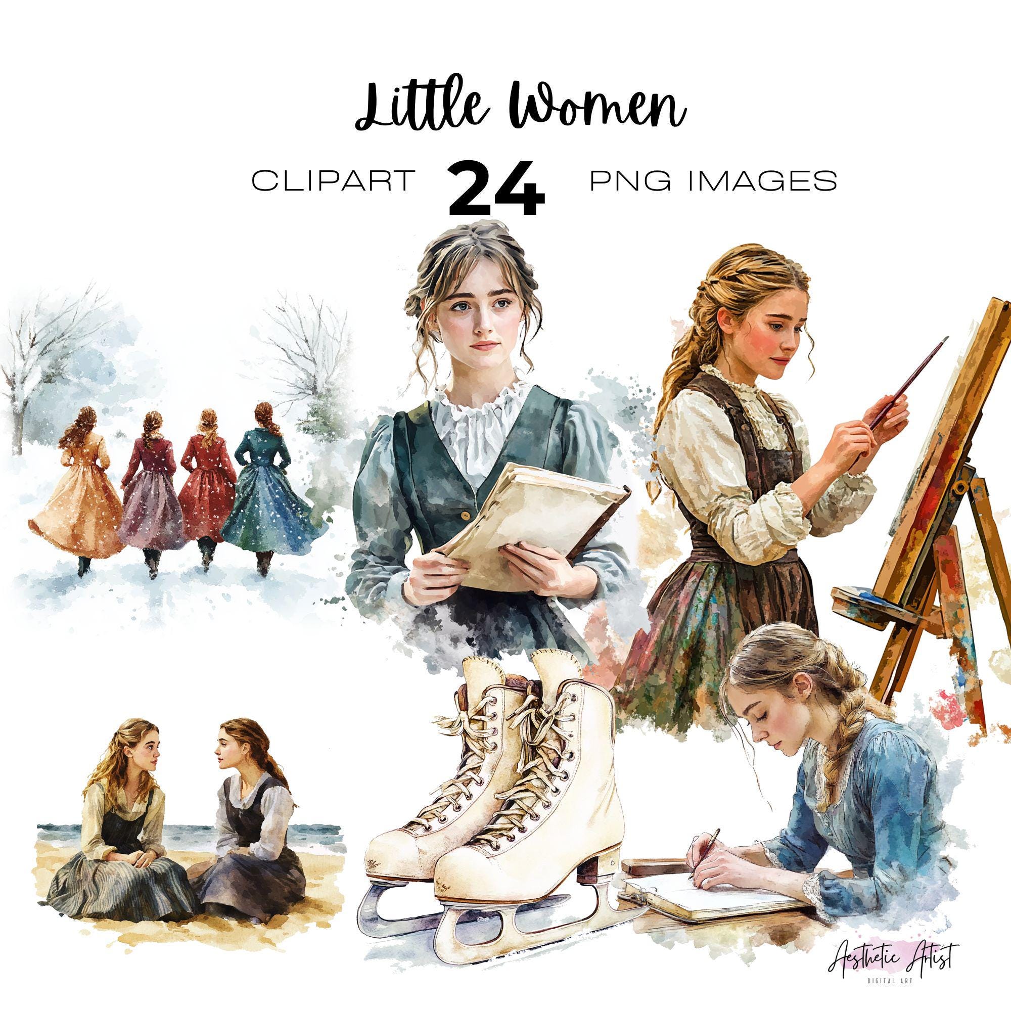 Watercolor Little Women Clipart, Childhood Classic Story, Jo March 