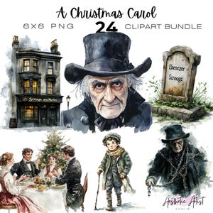 May include: A collection of watercolour illustrations from "A Christmas Carol." The images include Ebenezer Scrooge, a tombstone, a family scene, and the text "A Christmas Carol 24 Clipart Bundle."