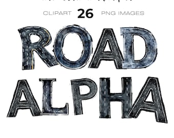 以下が含まれることがあります： レーストラックのデザインで「ROAD ALPHA」という言葉が描かれた水彩画のクリップアートセット。文字は濃いグレーで、白い道路標識が付いています。画像には「Race Track Road Alpha」、「CLIPART 26 PNG IMAGES」、アーティストのサインも含まれています。