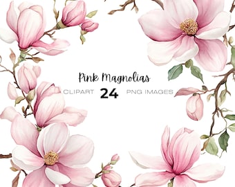Pacchetto clipart di magnolie rosa acquerello, matrimonio, clipart di fiori boho, ghirlanda, clipart di ghirlanda di magnolie