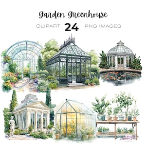 Pacote de clipart de estufa em aquarela, jardim, clipart de casa de vidro, png de conservatório, arboreto, clipart de viveiro