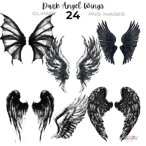 Puede incluir: Una colección de imágenes prediseñadas de alas de ángel oscuras en varios estilos. Las alas están renderizadas en blanco y negro, con texturas de plumas detalladas. El texto "Dark Angel Wings" y "24 PNG Images" es visible.