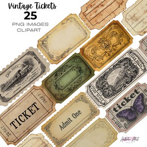 May include: A selection of vintage tickets in various colours and designs. Some tickets have ornate borders, while others show images of a train, a butterfly, and the text "TICKET" and "Admit One". The image also includes the text "Vintage Tickets 25 PNG Images Clipart".