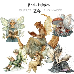 Puede incluir: Un conjunto de 24 ilustraciones digitales de hadas leyendo libros. Las hadas están representadas con alas, cabello suelto y visten de varios colores. Algunas hadas están sentadas en una luna creciente, mientras que otras están sentadas en hongos. Las ilustraciones son perfectas para agregar un toque de fantasía a cualquier proyecto.
